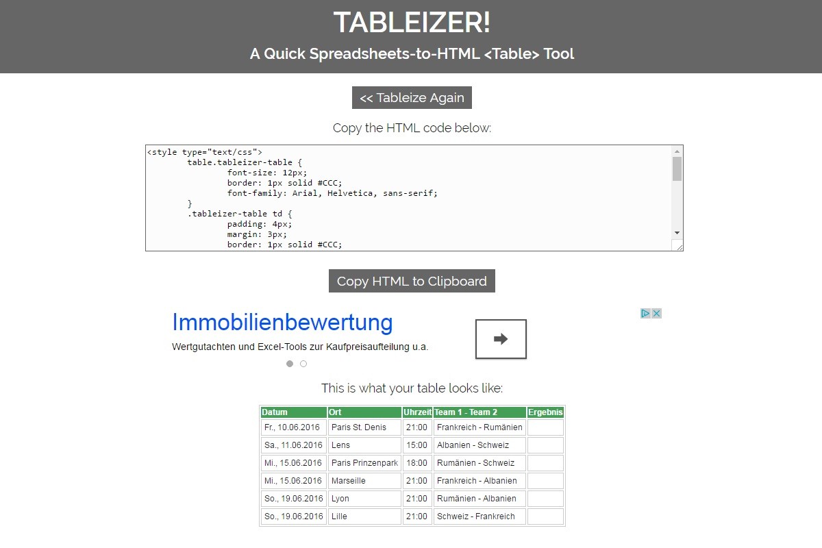 TABLEIZER! Ausgabe HTML Code der Tabelle und Tabellenvorschau