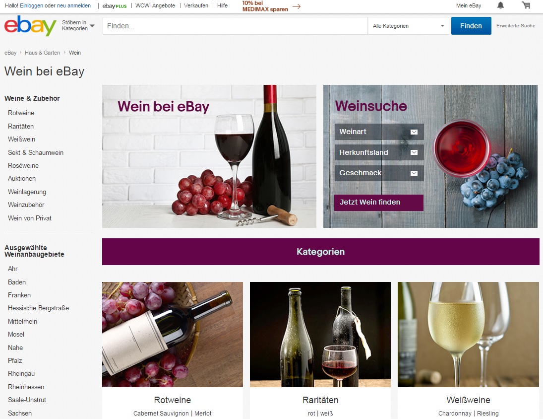 Wein bei eBay: Screenshot der neuen Wein-Kategorie